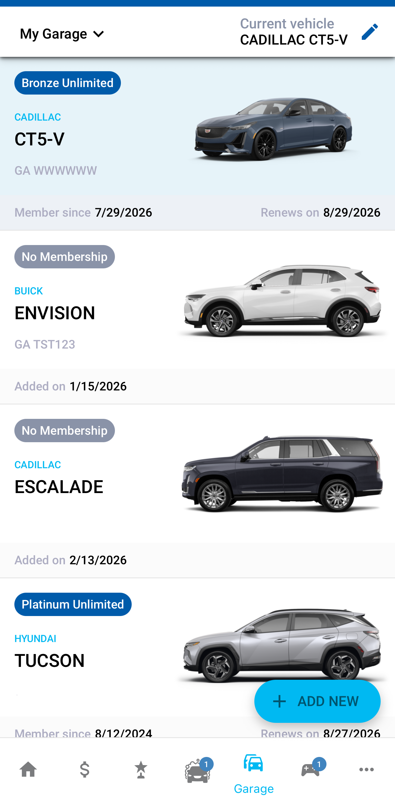 The Garage tab showing your vehicles