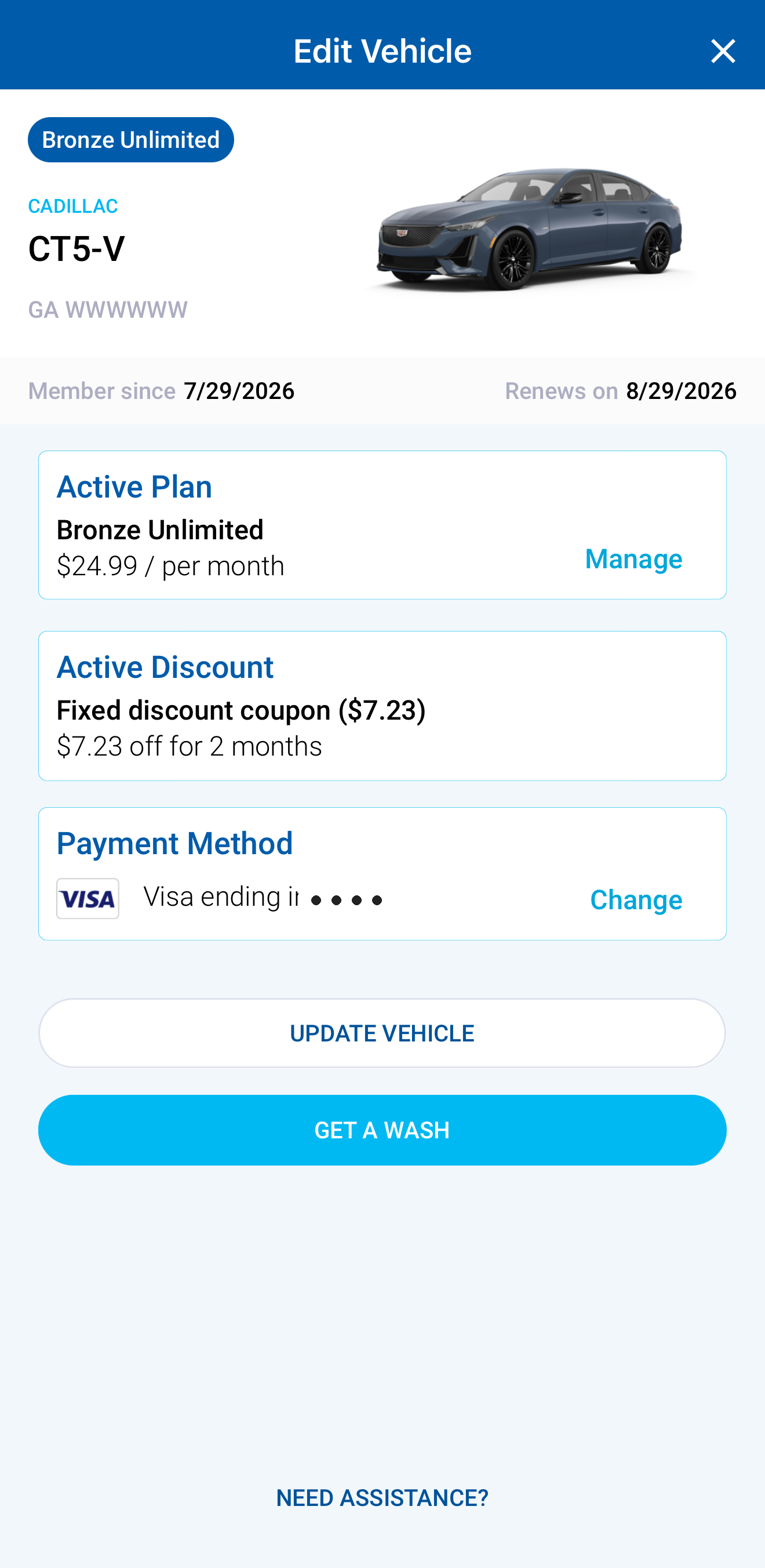 Vehicle screen with the Manage button