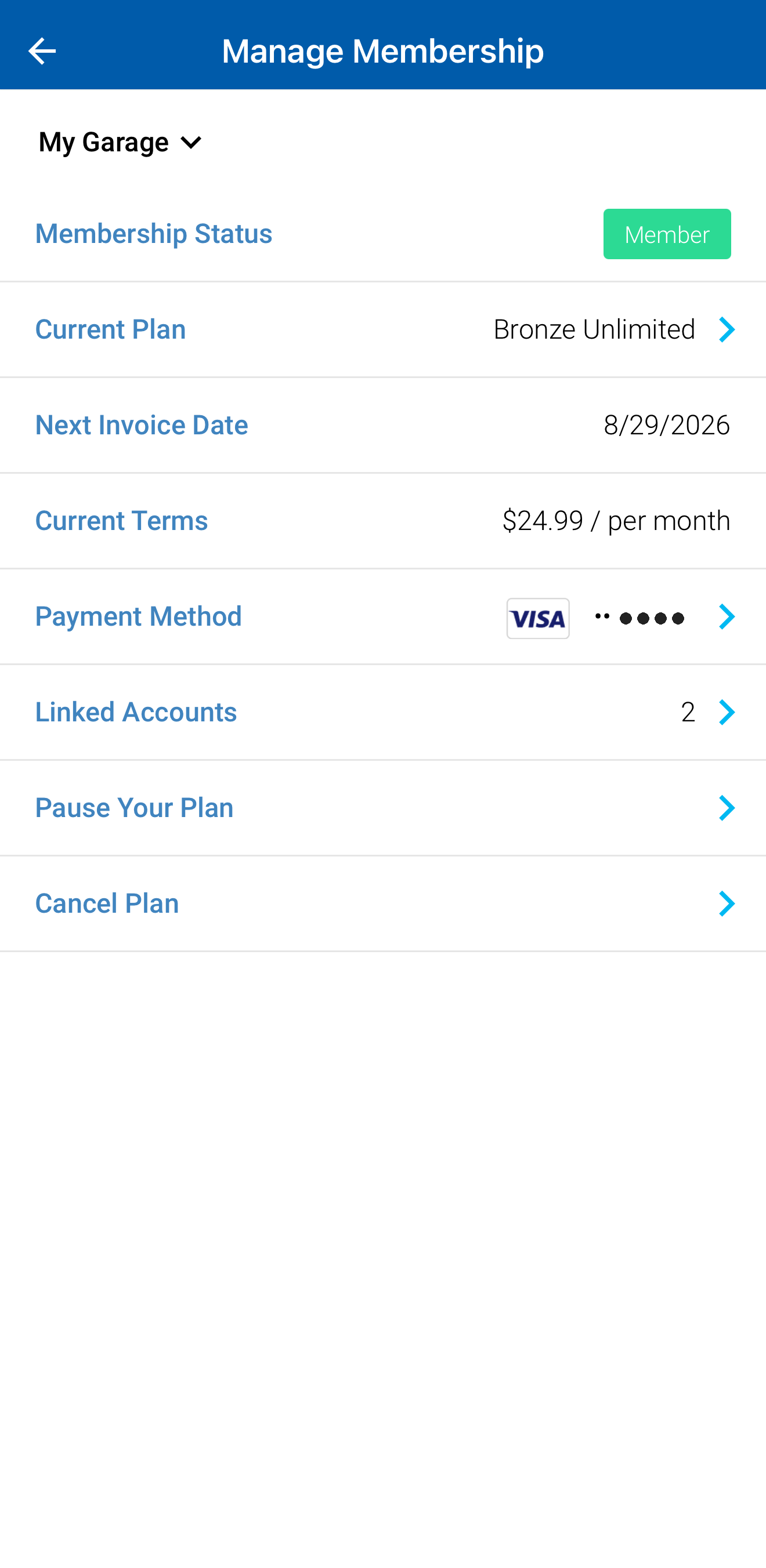 Manage Membership screen with pause and cancel options