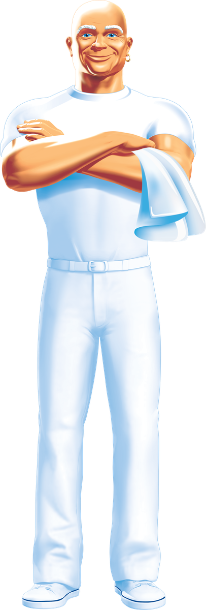 Mr. Clean, arms crossed with a towel over one arm